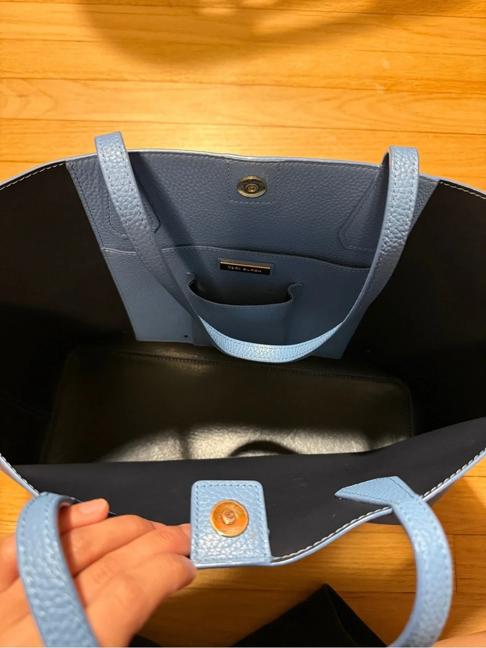 Tory Burch Sky Blue Pebbled Leather Tote with Gold Logo
